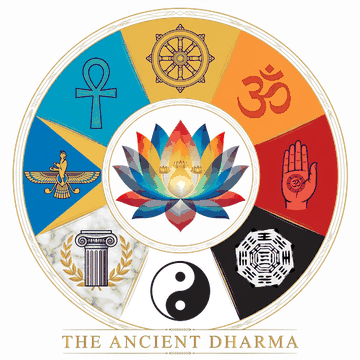 The Ancient Dharma — eight traditions around a rainbow lotus